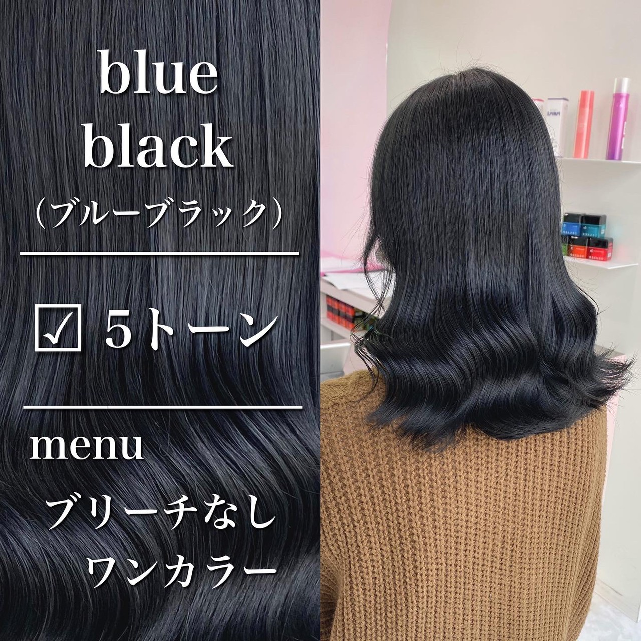 ブルーブラック ブリーチなしワンカラー ブラック・アッシュ系 ミディアム | Hairbook[ヘアブック] 気になる美容室をBOOKする